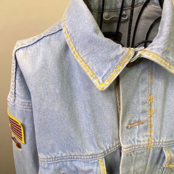 Faded Glory Denim‎ Jacket USA Eagle Train Patchwork Light Wash Retro Style L - Picture 2 of 9